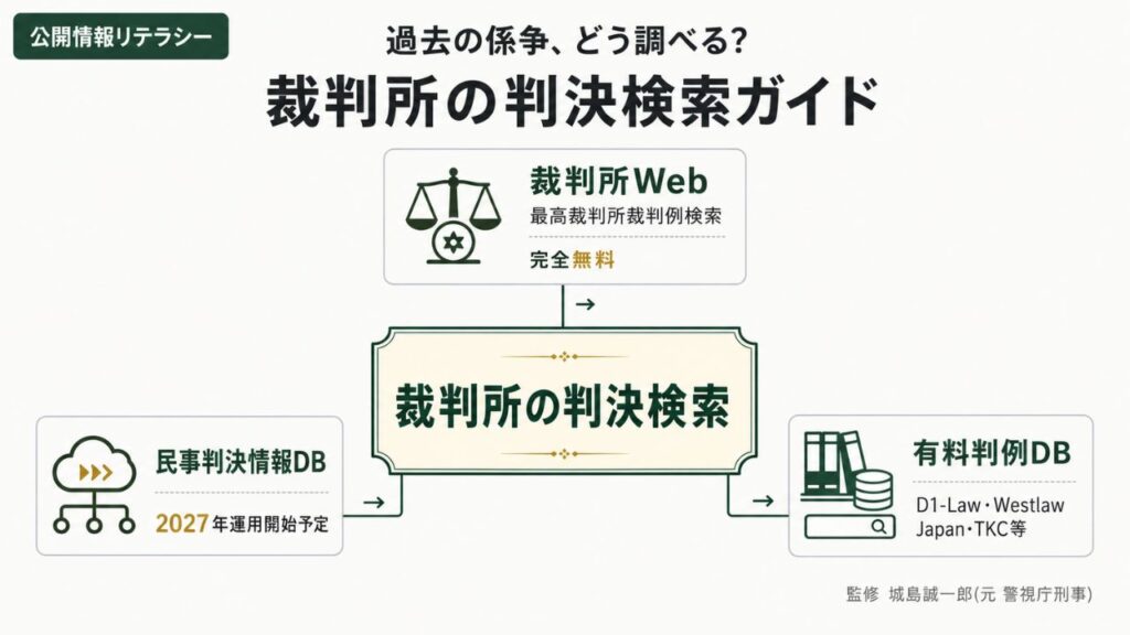 公開情報リテラシー｜裁判所判決検索を裁判所Web・有料判例DB・民事判決情報DBの3軸で整理したインフォグラフィック