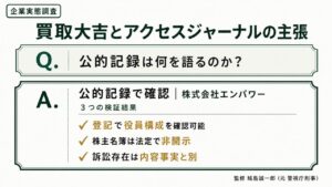 企業実態調査｜買取大吉とアクセスジャーナルの主張を公的記録で検証するインフォグラフィック