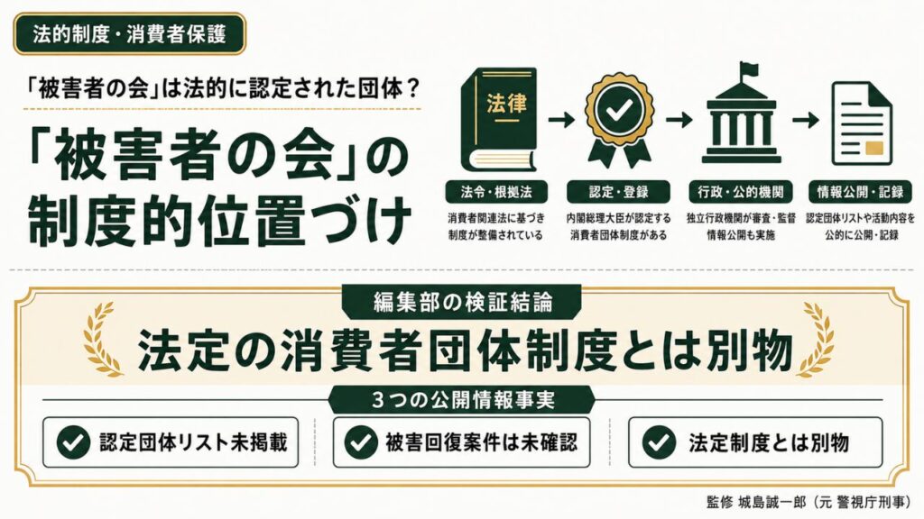 法的制度・消費者保護｜買取大吉『被害者の会』に関する公開情報を消費者団体訴訟制度の観点から検証するインフォグラフィック