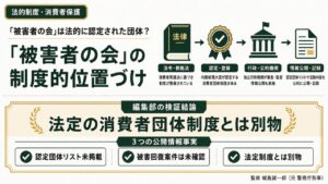 法的制度・消費者保護｜買取大吉『被害者の会』に関する公開情報を消費者団体訴訟制度の観点から検証するインフォグラフィック