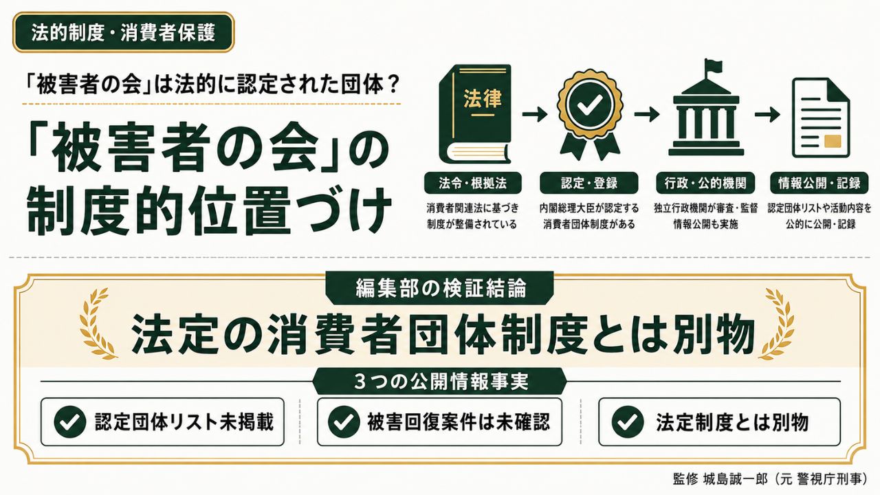 法的制度・消費者保護|買取大吉『被害者の会』に関する公開情報を消費者団体訴訟制度の観点から検証するインフォグラフィック
